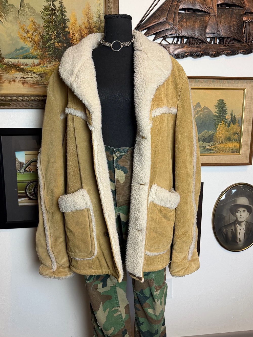 Vintage 1970s Sears Western Outdoor Wear Suede & Sherpa Coat Men’s Large